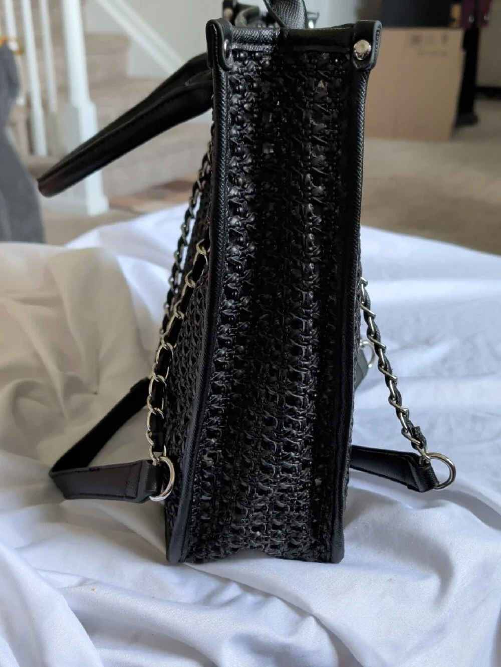 Black Woven Tote with Silver Chain Straps